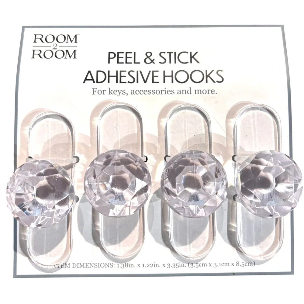 Room 2 Room 4 Pack‎ Peel & Stick Adhesive Hooks Faux Crystal Clear Acrylic Knobs